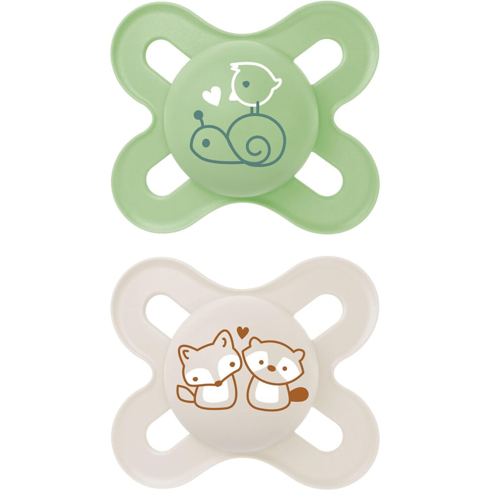 Original Start Soothers 0-2 Months (Pack of 2), Baby Soothers with Self Sterilising Travel Case, Newborn Essentials, White/Green (Designs May Vary)