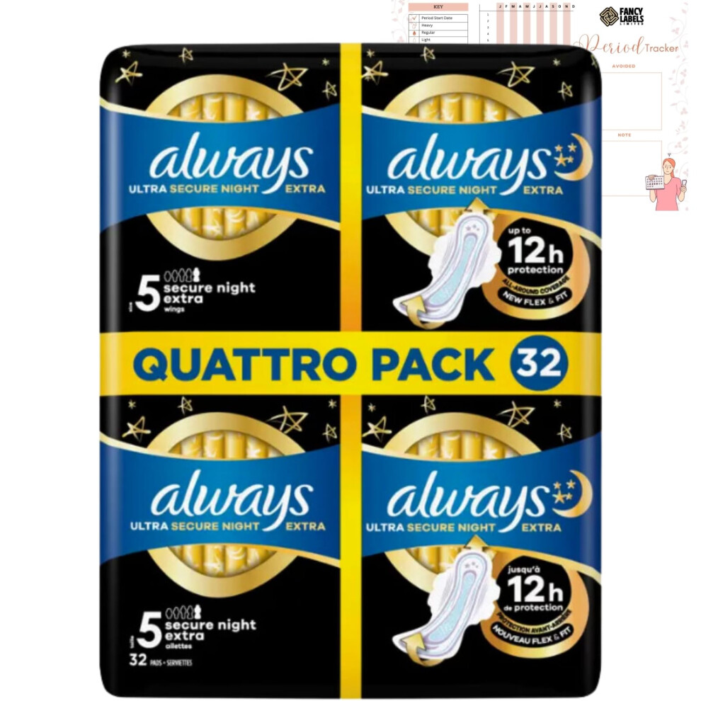 Sanitary Towels Quattro Pack with Always Ultra Secure Night Extra (Size 5) 32 Pads - Comfort, Protection, Thin and Discreet