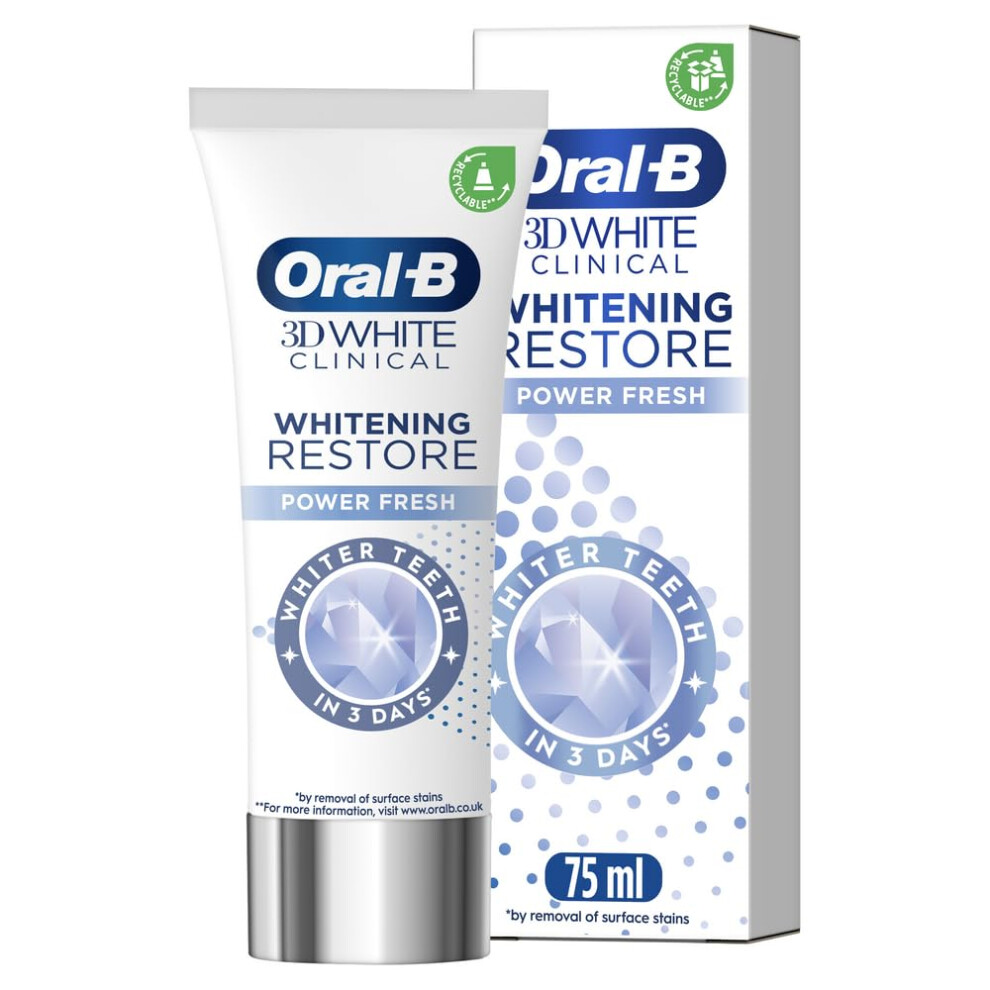 3D White Clinical Toothpaste, Whitening Restore, Power Fresh, 75 ml, Teeth Whitening & Teeth Stain Removal