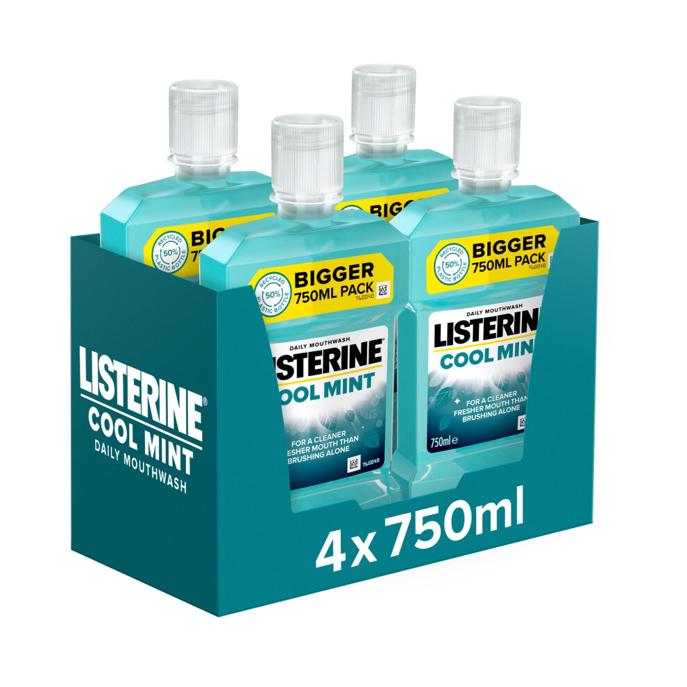 Listerine Cool Mint Mouthwash Pack Of 4 (4 X 750Ml), Helps Kill Up To 99% Of Germs Left After Brushing And Reduce Plaque, Mouthwash To Freshen Breath And