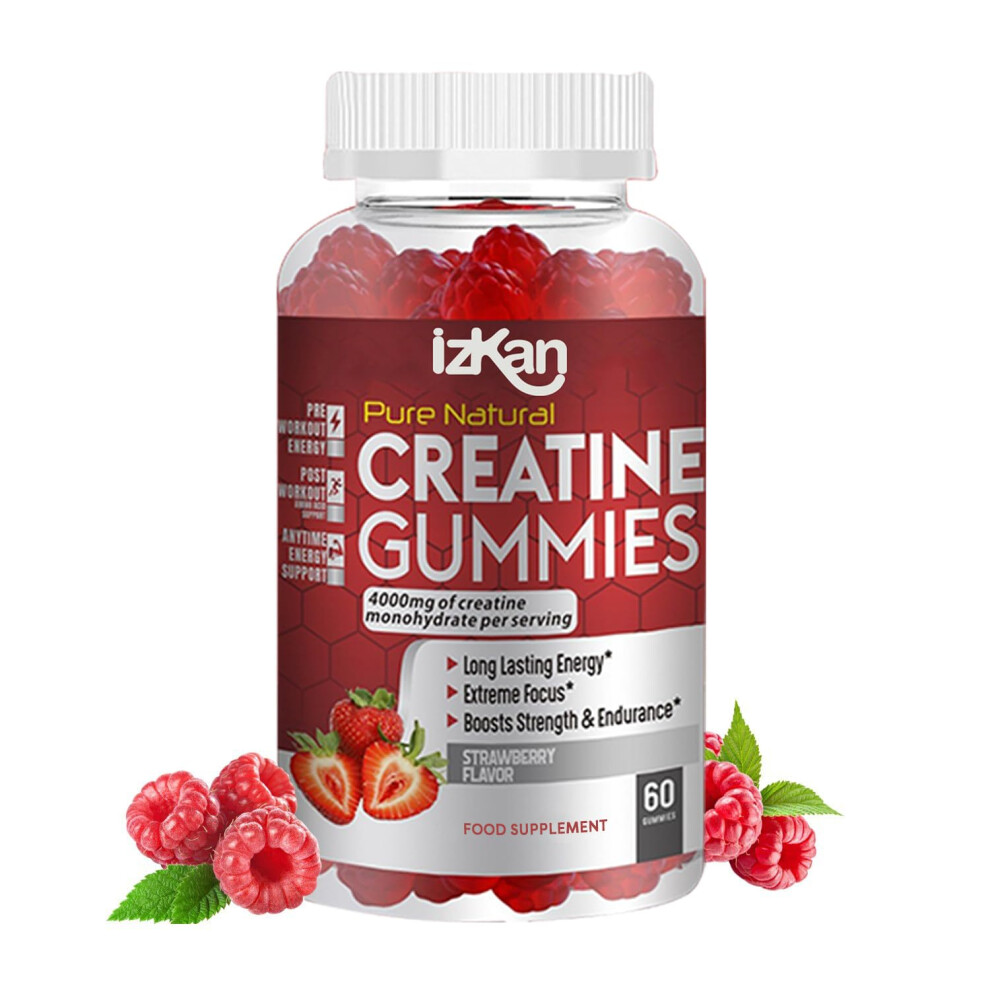 Izkan Pro Creatine Monohydrate Gummies 4000Mg For Men & Women - 60 Chewable Creatine Gummies Strawberry Flavoured Creatine | Pre Workout Gym Supplement|