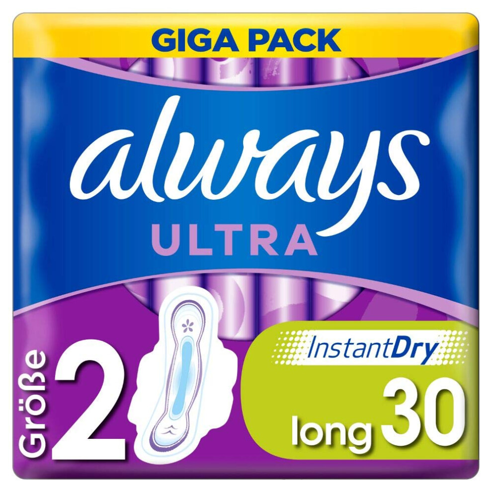 Ultra Women's Sanitary Pads Size 2 (30 Sanitary Towels with Wings) Giga Pack, Ultra Thin and Super Absorbent, Odour Neutralising and Leakage