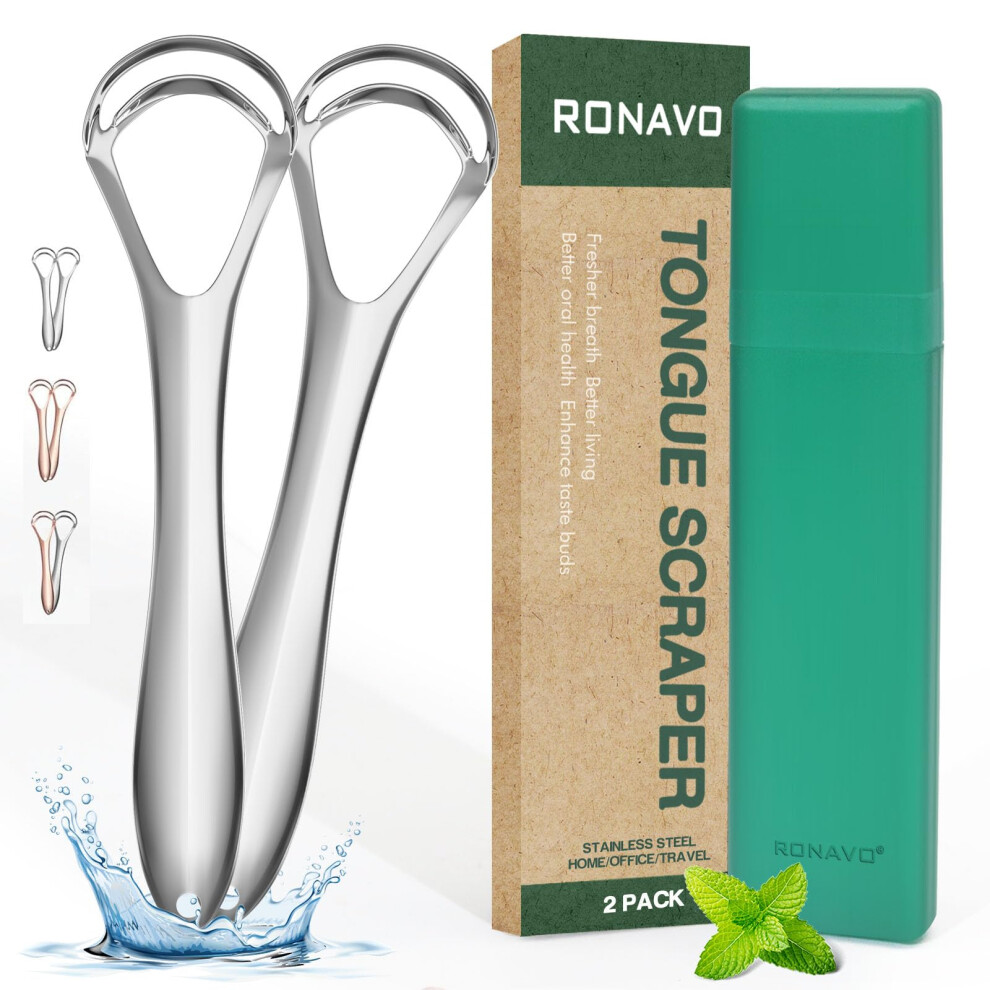 Ronavo Silver Tongue Scrapers For Adults With Thick Tongue Coating, Mental Tongue Scraper With Dual Scraping Head Design For Deep Clean, Bad Breath Gone, Help