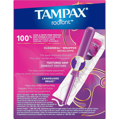 Radiant Tampons, Super Plus Absorbency, With Leakguard Braid, Unscented, 14 Count 1