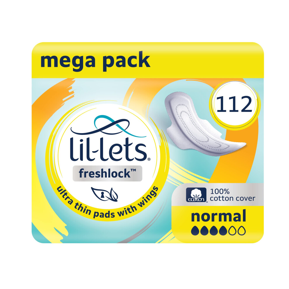 Freshlock Ultra Thin Period Pads - 112 Count, Normal Absorbency, with Wings, 8 Packs of 14 Pads - Bulk Pack, Unscented, 100% Cotton Cover, Regular