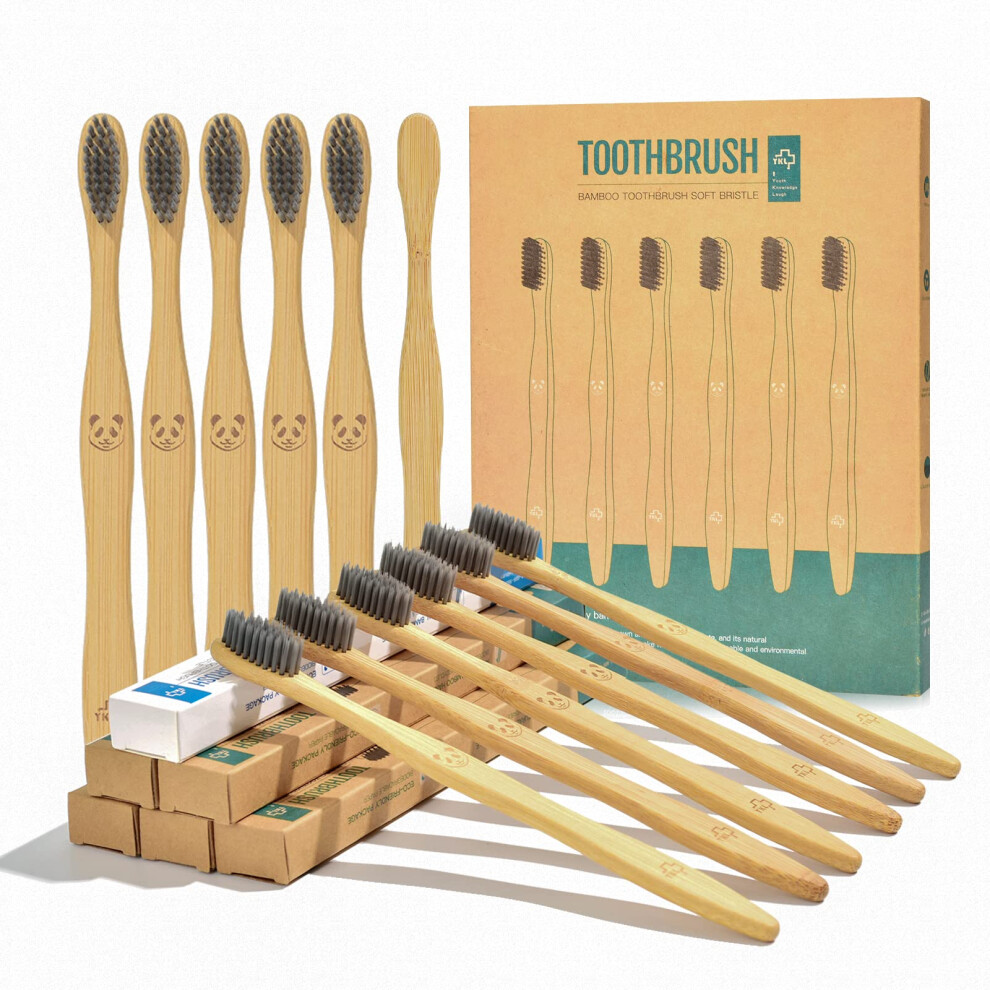 Y-Kelin White 12 Pcs Eco-Friendly Charcoal Toothbrushes Natural Bamboo | Biodegradable Soft Bristle Toothbrush(12 Pack)