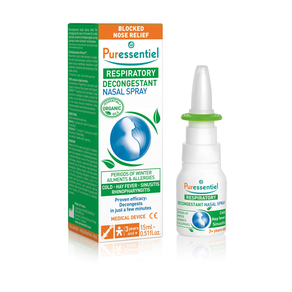 Puressentiel Respiratory Decongestant Nasal Spray 15Ml - Cold & Flu - Hayfever & Blocked Nose Relief - Instant Action - 100% Natural & Organic Essential Oils - Sea