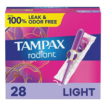 Radiant Tampons Light Absorbency with BPA-Free Plastic Applicator and LeakGuard Braid, Unscented, 28 Count