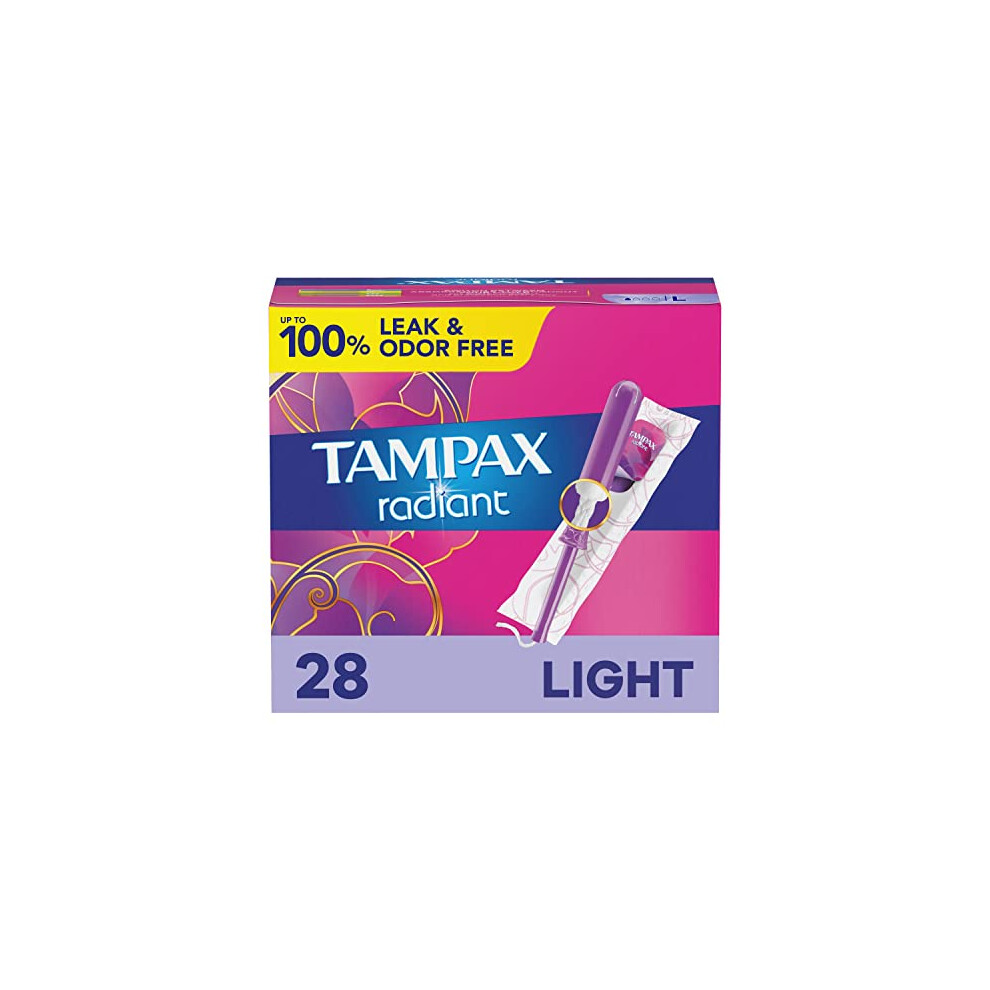 Tampax Radiant Tampons Light Absorbency With Bpa-Free Plastic Applicator And Leakguard Braid, Unscented, 28 Count