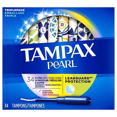 Pearl Tampons, Light/Regular/Super Absorbency with LeakGuard Braid, Triple Pack, Scented, 34 Count