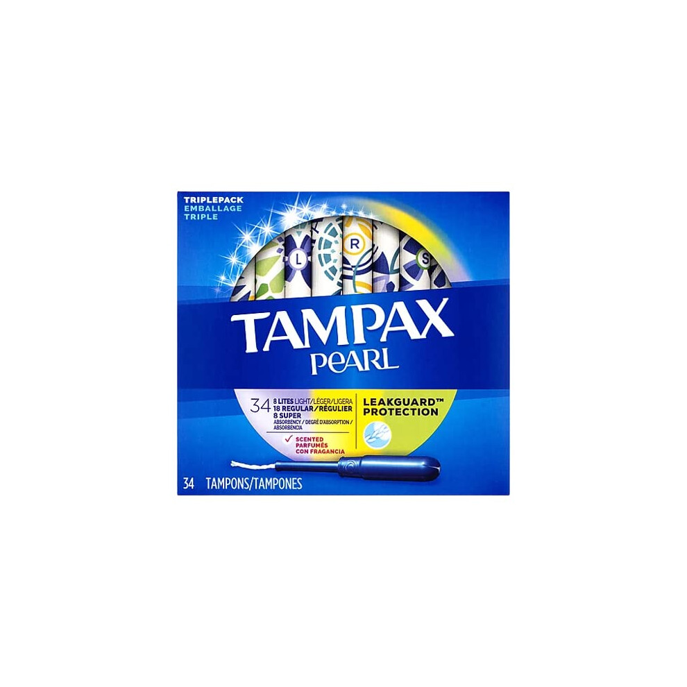 Pearl Tampons, Light/Regular/Super Absorbency with LeakGuard Braid, Triple Pack, Scented, 34 Count