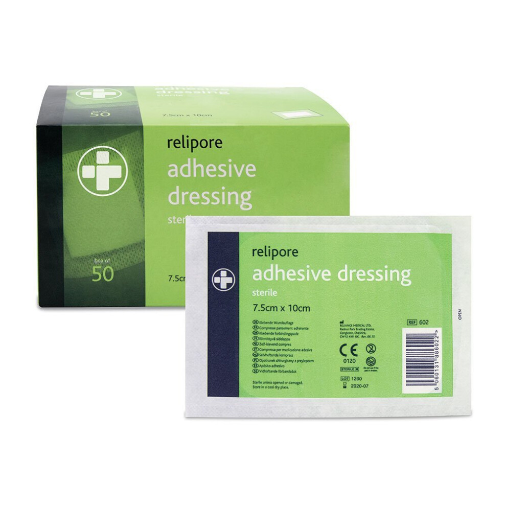 Reliance Medical Relipore First Aid Sterile Dressing - Low Allergy Sterile Adhesive Dressings For Wounds, Injuries And Aches, 7.5 Cm X 10 Cm Pack Of 50