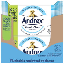 Andrex Classic Clean Washlets - 12 Packs Flushable Wet Wipes with Micellar Water, Biodegradable & Plastic-Free, Shower-Fresh Clean