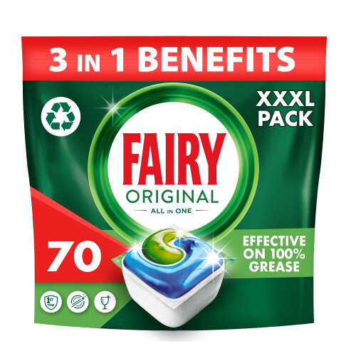 Febreze Fairy All-In-1 Dishwasher Tablets Bulk, 70 Tablets, Original, Effective Even On Dried-On Grease