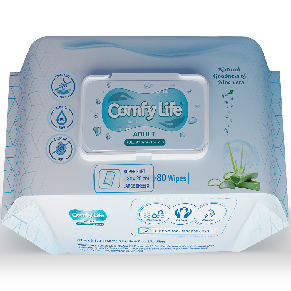 Comfy Life Premium Full Body Cleansing Wet Wipes For Adults - Large Luxury Fresh-Feel Rinse-Free Fragrance-Free Bed Bath Intimate-Care Soft Sheets (1 Pack (80
