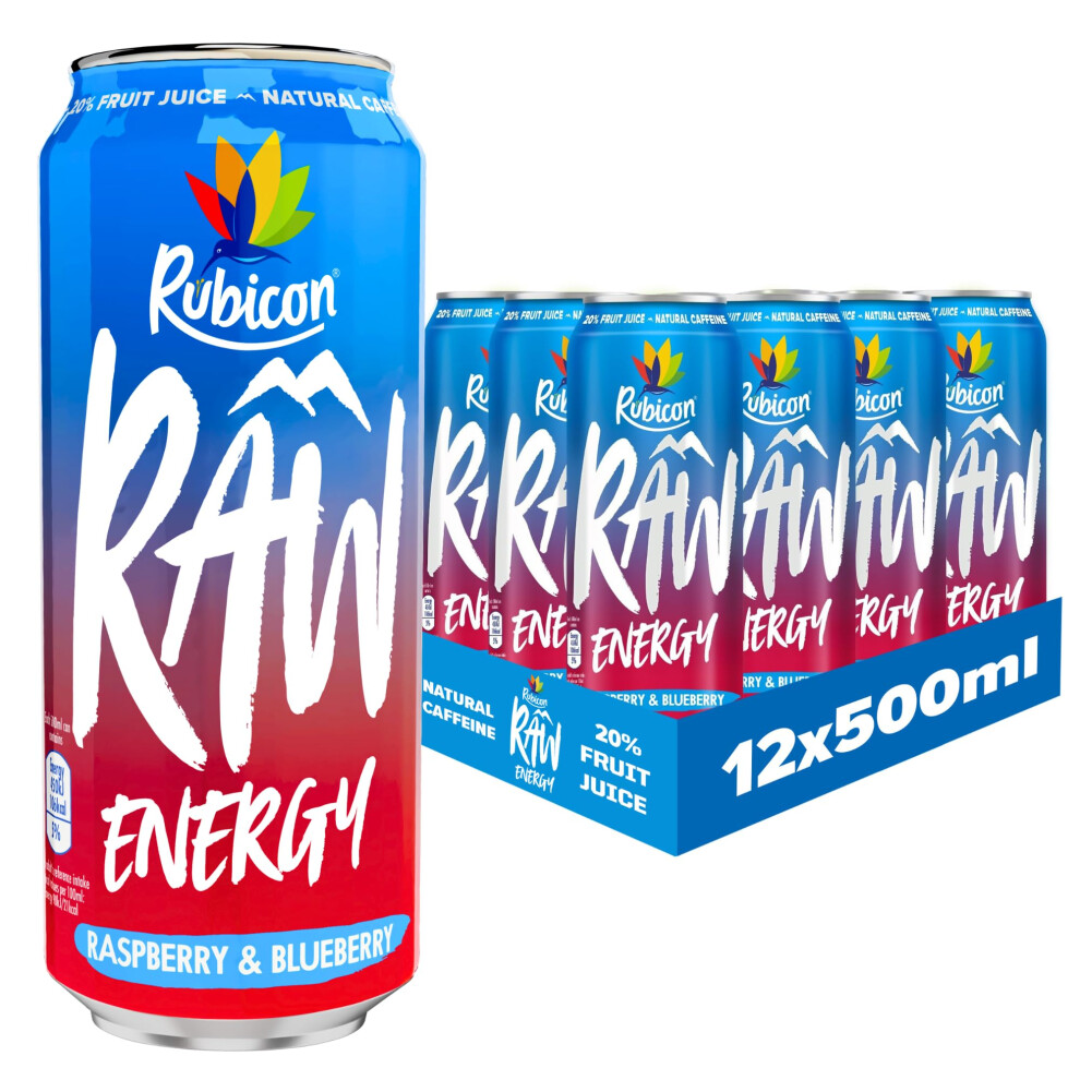 RAW 12 Pack Raspberry & Blueberry 500ml Energy Drink, 20% Real Fruit Juice, High caffeine with B-Vitamins, Ginseng & Guarana, No Artificial Colours or