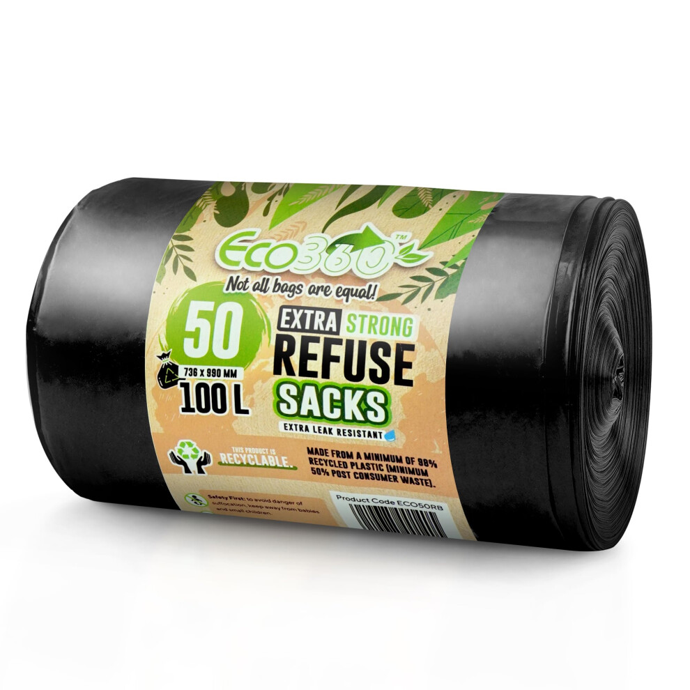 - 50 Pack Heavy Duty Bin Bags - 100L - 35 Microns - Recyclable,Leak Resistant Seal, Eco-Friendly Rubbish Bag, Sustainable Refuse Sack for Home, Office
