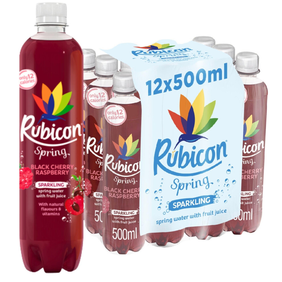 Spring 12 Pack Black Cherry Raspberry, Sparkling Spring Water with Real Fruit Juice & Natural Flavours, Only 13 Calories - 12 x 500ml Multipack