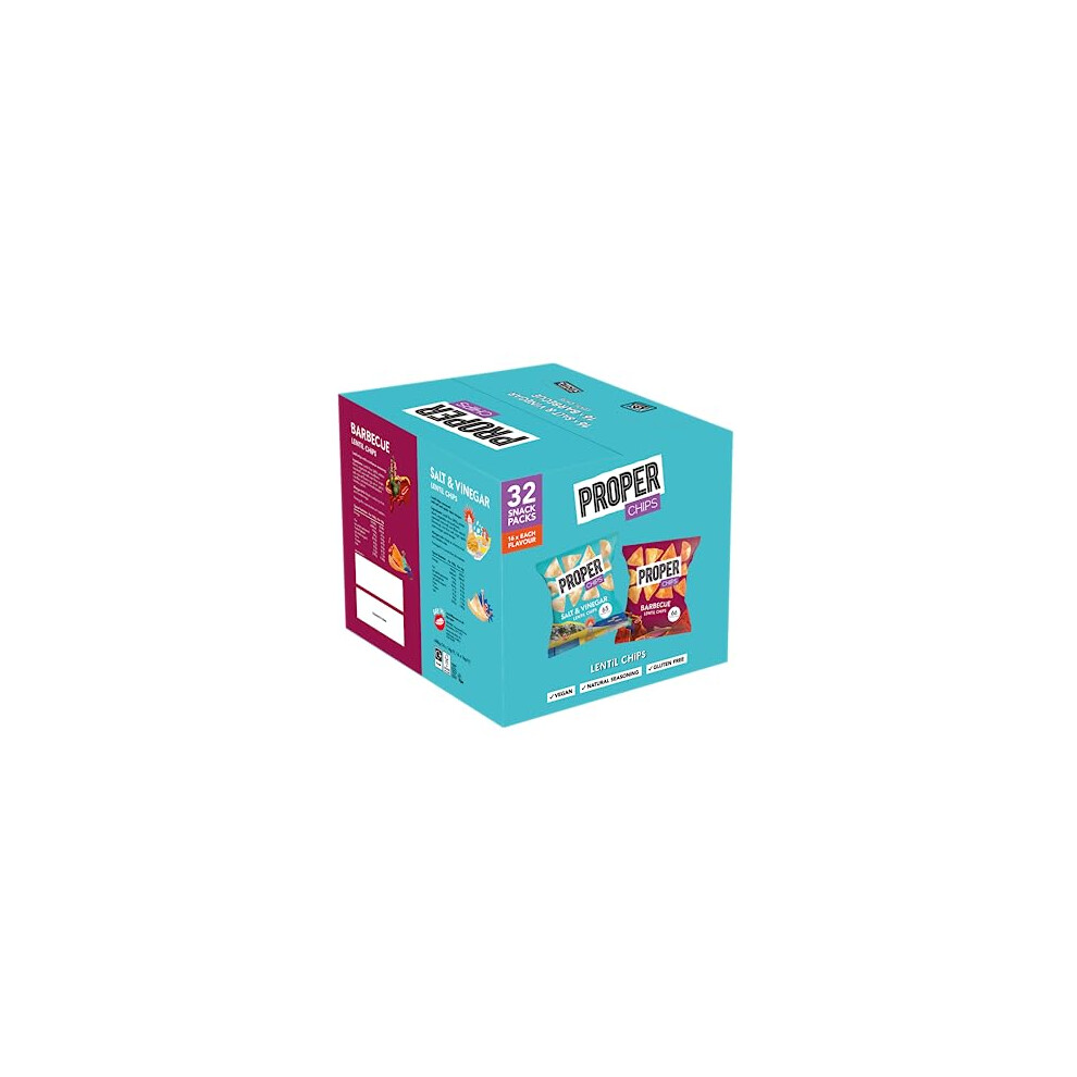 Proper Properchips - Multipack Box, Barbecue And Salt & Vinegar Lentil Chips, Vegan, Gluten Free Snacks, 14G, 32 Packs, (16 Bags Of Each Flavour)