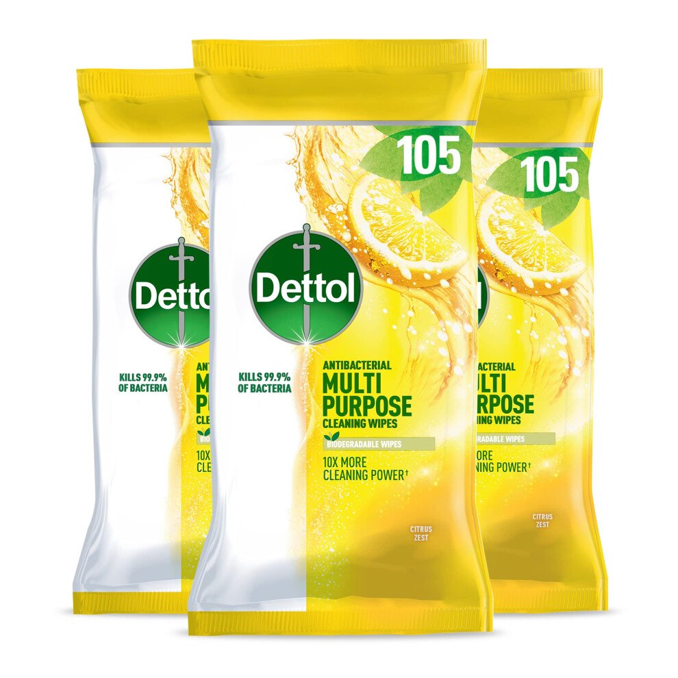 Antibacterial Multipurpose Cleaning Wipes, Citrus Zest Fragrance, Multipack of 3 x 105 Wipes, Total 315 Wipes