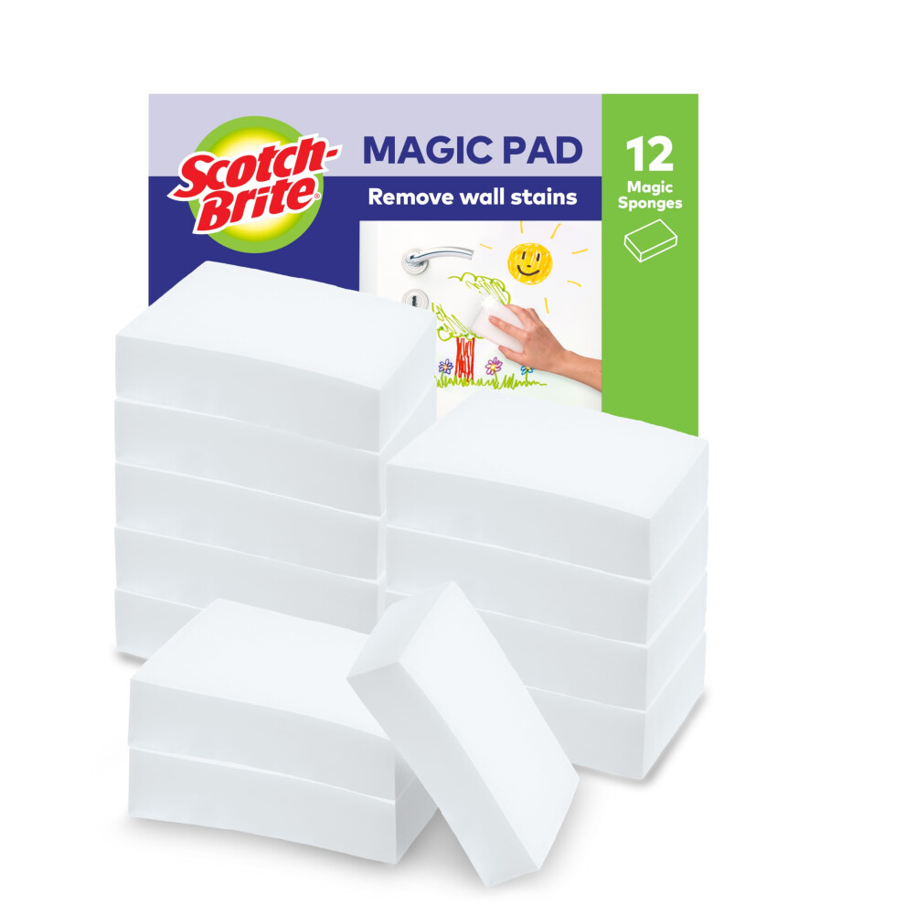 Scotch-Brite Magic Easy Eraser Sponge, Melamine Cleaner, Value Pack Of 12 Pads - Removes Stains From Walls, Shoes, Sinks & More Without Chemicals, (Nb03aa) White