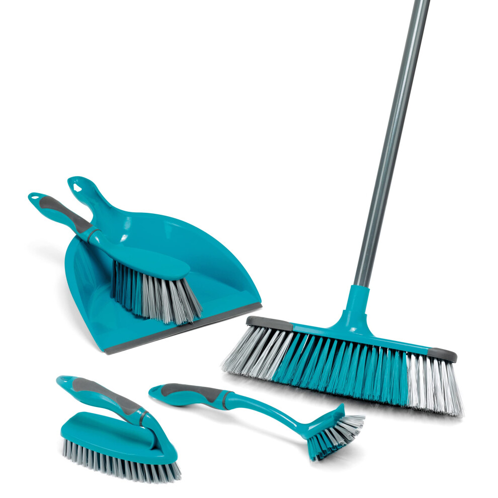 LA024152TQ Cleaning Bundle with Broom, Dustpan and Brush Set, Scrubbing Brush & Dish Brush, Long Handled Indoor Floor Sweeping, Washing Up Brushes,