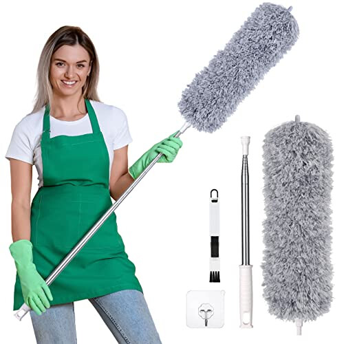 Feather Duster Extendable 100in Microfiber Duster with Stainless Steel Telescopic Rods, Bendable Head, Window Slot Brush, Silicone Cap