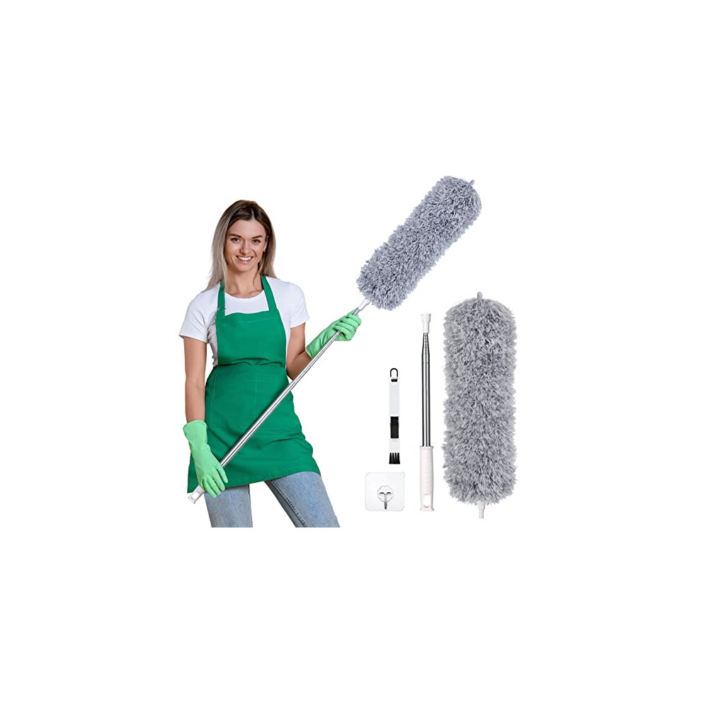 Vicloon Feather Duster Extendable 100In Microfiber Duster With Stainless Steel Telescopic Rods, Bendable Head, Window Slot Brush, Silicone Cap