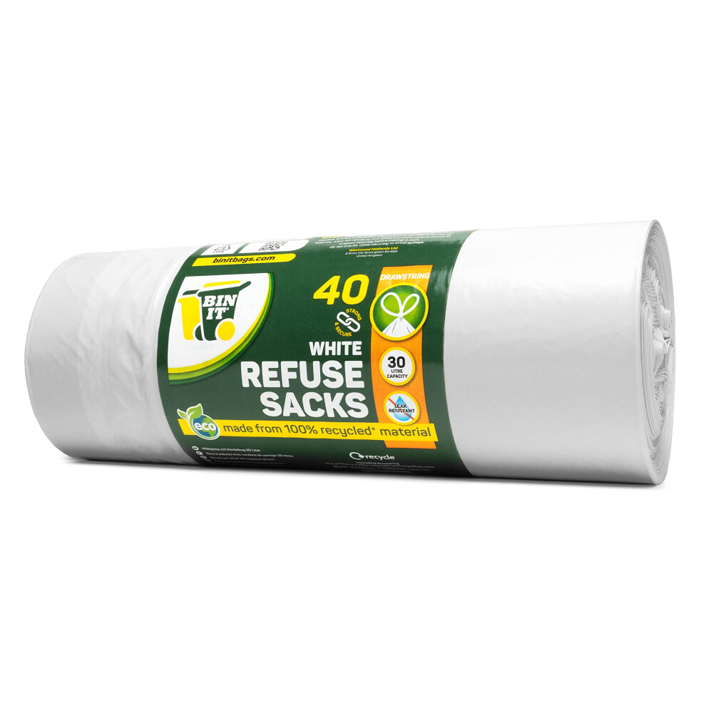 BIN IT 40 White Drawstring 30L Strong & Secure, Refuse Sacks, Bin Bags, Bin Liners, Recycled, Tear Resistant, 30 μm, Perfect for Everyday Use, Household, Office, Kitchen & Caterers - Image 3