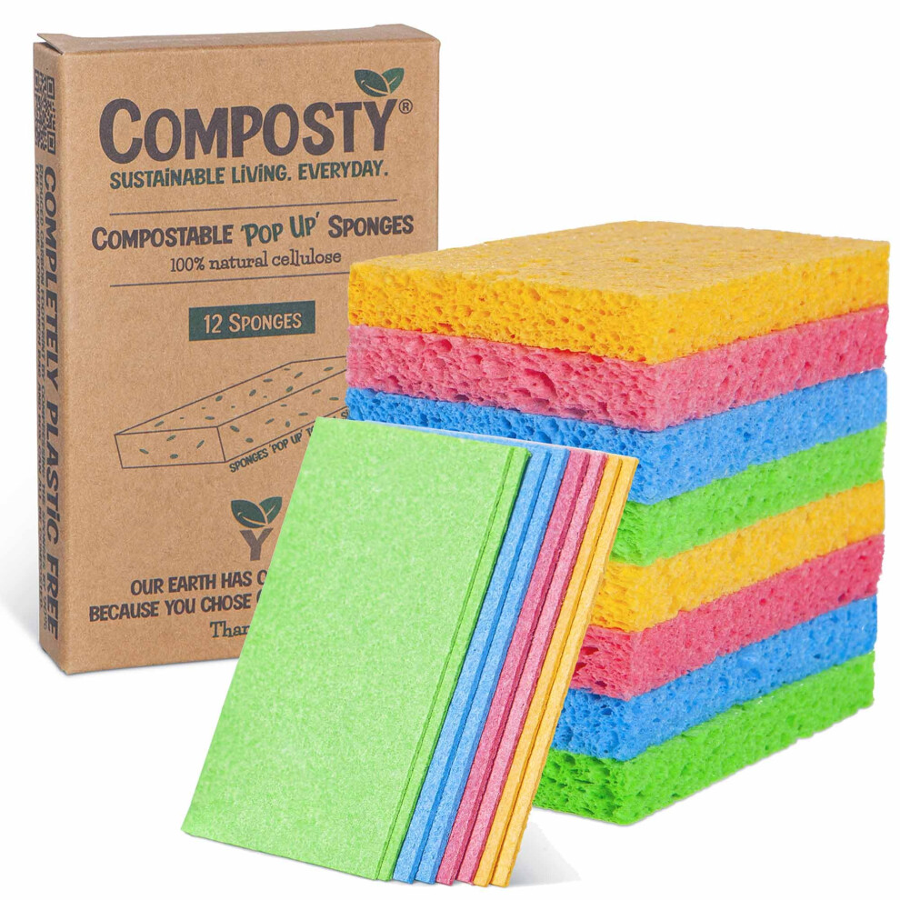 Composty | 'Pop-Up' Eco Sponges | 12 Pack | Compostable Kitchen Sponge | Biodegradable Washing Up Sponge | Zero Waste | Plastic Free | Natural