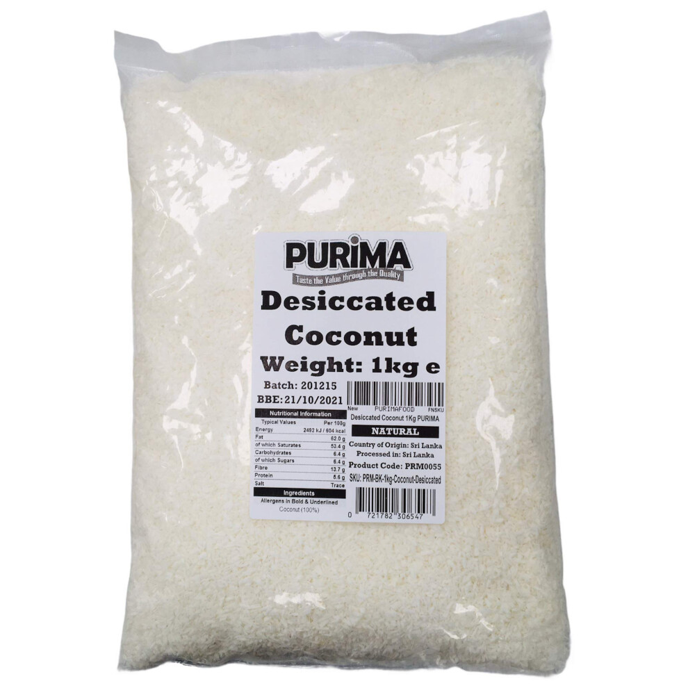 Purima Desiccated Coconut 1Kg Natural Shredded Raw Dried Flakes Desicated Dry Grated Flesh Untoasted Unsweetened Dessicated – For Baking Cooking Desserts