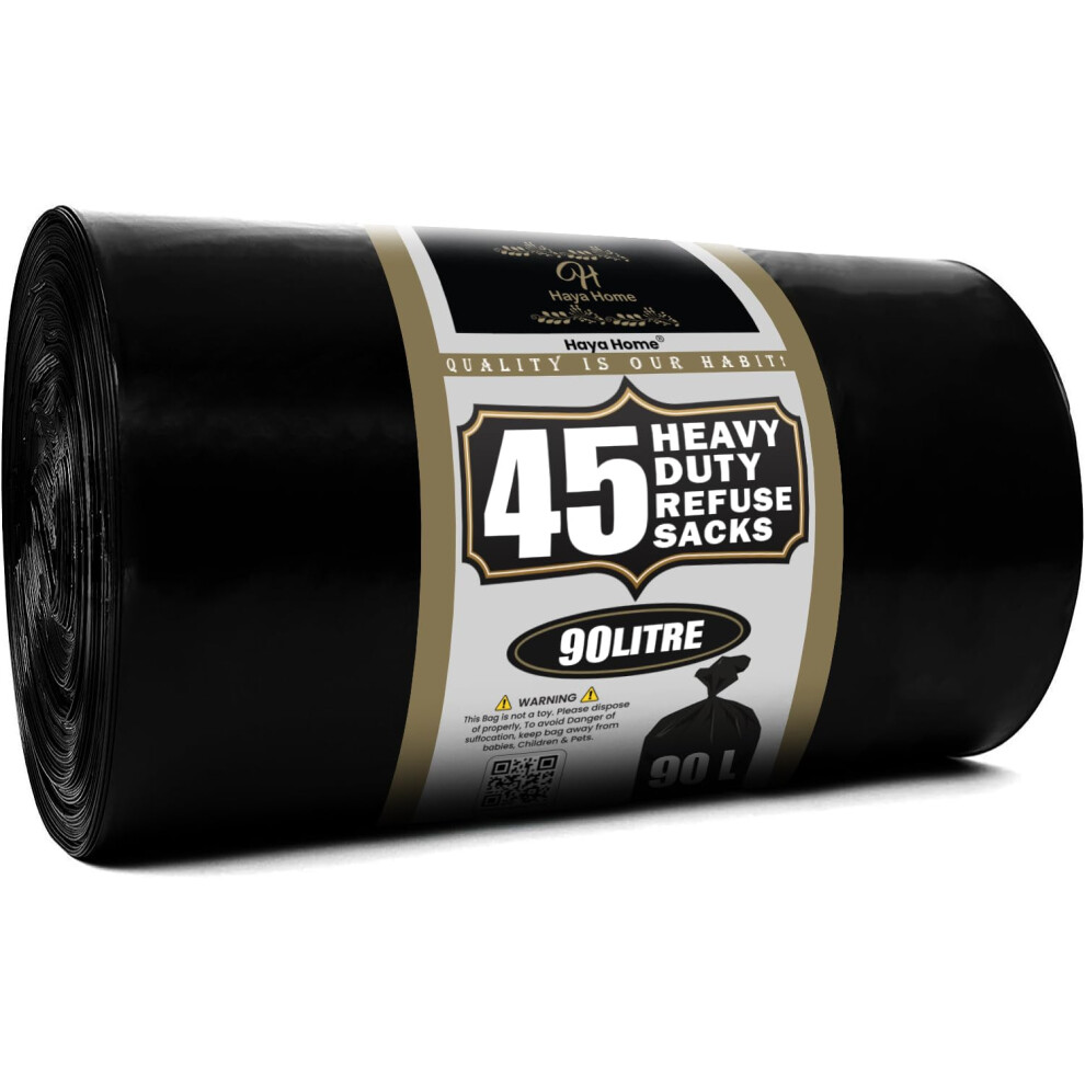 Haya Home 90L liter 45 Black Plastic Bin Bags Heavy Duty Bin Liners, Refuse Sacks Pack of 45 X 1 Heavy Duty Waste Dustbin Bags roll for Kitchen Home