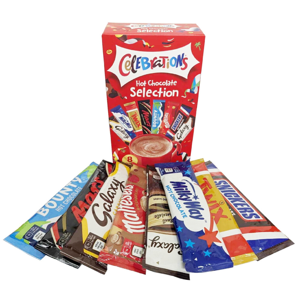 Hot Chocolate Selection Gift Hamper - Celebrations Hot Chocolate Sachets Bulk Buy 8 x 25g Chocolate Multipack with Topline Card. Gift Set for Stocking