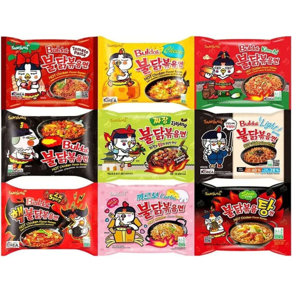 Samyang Korean Buldak Hot Chicken Spicy Ramen Noodles Challenge Assorted Box (5 Packs with 5 Different Random Flavours)