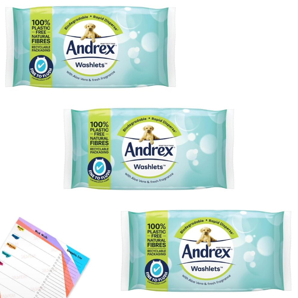 Andrex Wipe Flushable Aloe Vera Washlets | Wet Wipes Gentle Cleansing | Fine To Flush Toilet Tissue | Biodegradable Rapid Disperse | 36 Wipes Per Pack