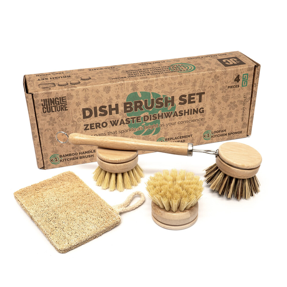 Premium Washing Up Brushes & Loofah Scourer  Eco Dish Brush Set  Long Handle Bamboo Brush with 3 Replacement Heads  Eco Friendly Dishwashing