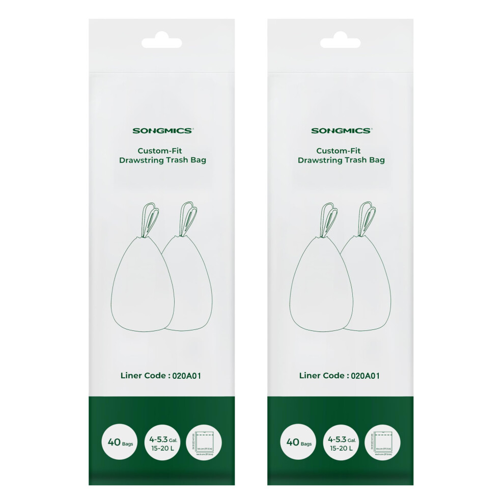 Songmics Heavy-Duty Bin Bags, Drawstring Rubbish Bags For 4-5.3 Gallon (15-20L) Kitchen Bins, Pre-Separated, Liner Code 020A01, 2 Rolls, 80 Pieces, White
