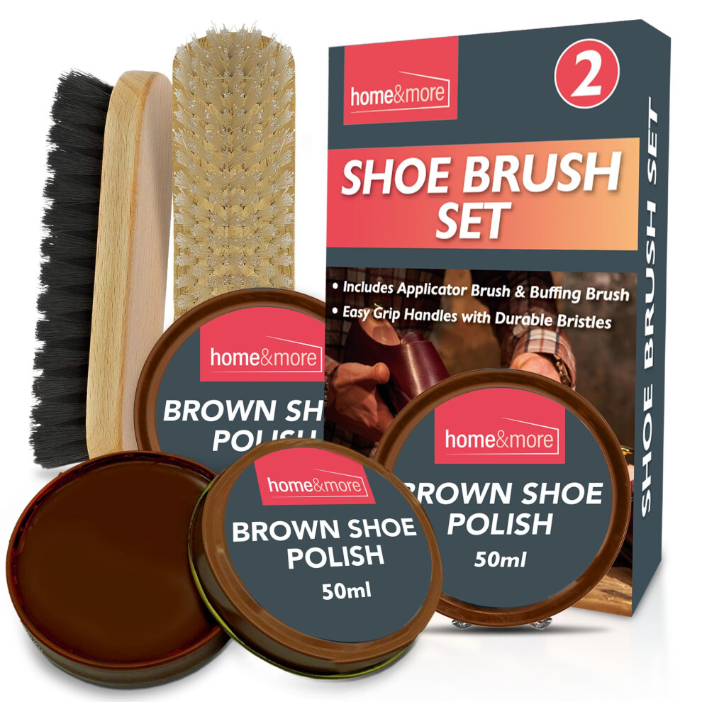 2pk Shoe Brush Set & 3 Brown Shoe Polish | Brown Shoe Polish Kit | 2 Shoe Polish Brushes + 3 Wax Brown Leather Shoe Polish | Brown Boot Polish | Shoe