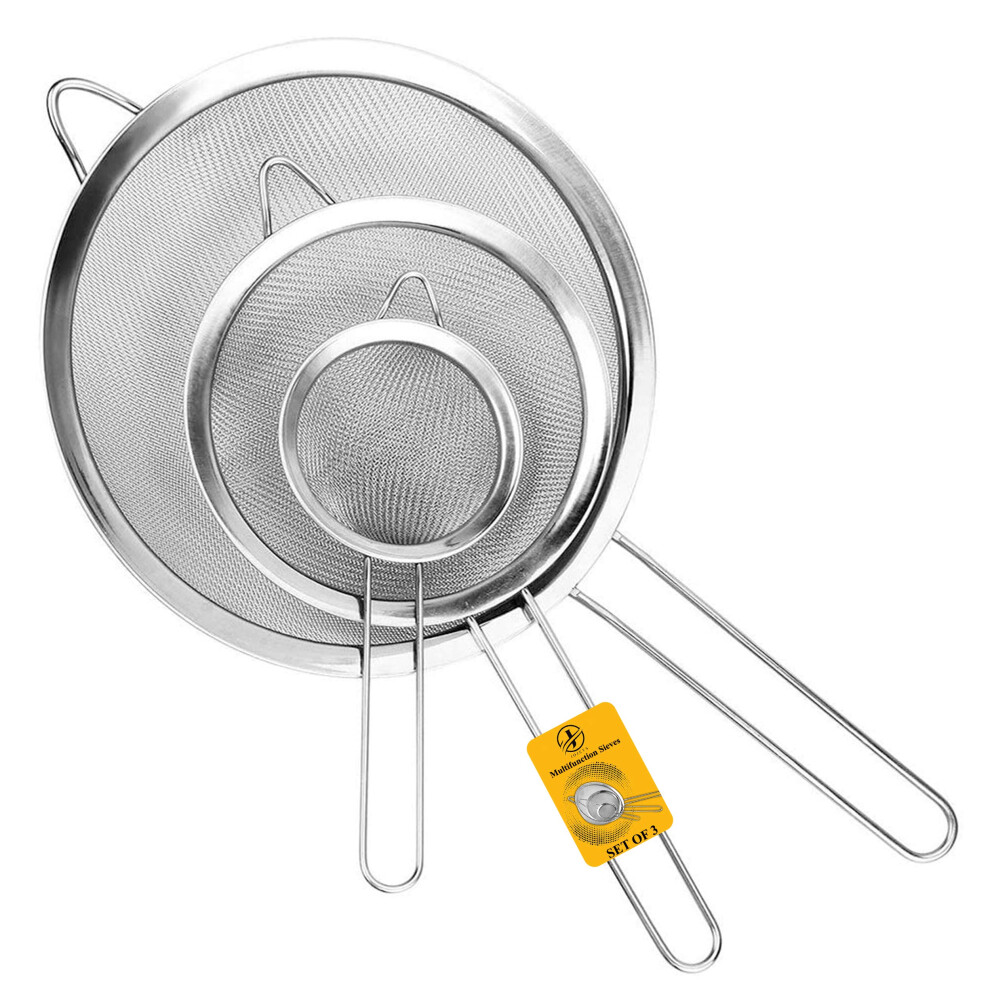Jojeys Sieves And Strainers Set - Metal Sieve Stainless Steel, Fine Mesh Strainer | Pack Of 3 Kitchen Mesh, Sive Cooking, Flour For Baking Rust Free Seive,