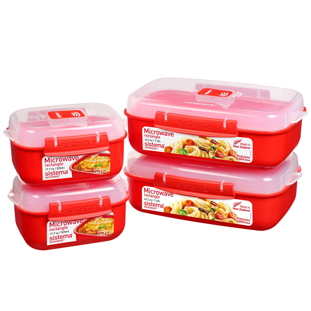 Heat and Eat Microwave Set | 1.25 L, 525 ml | Rectangular School Lunch Boxes with Steam Release Vents | BPA-Free | 4 Count, Red