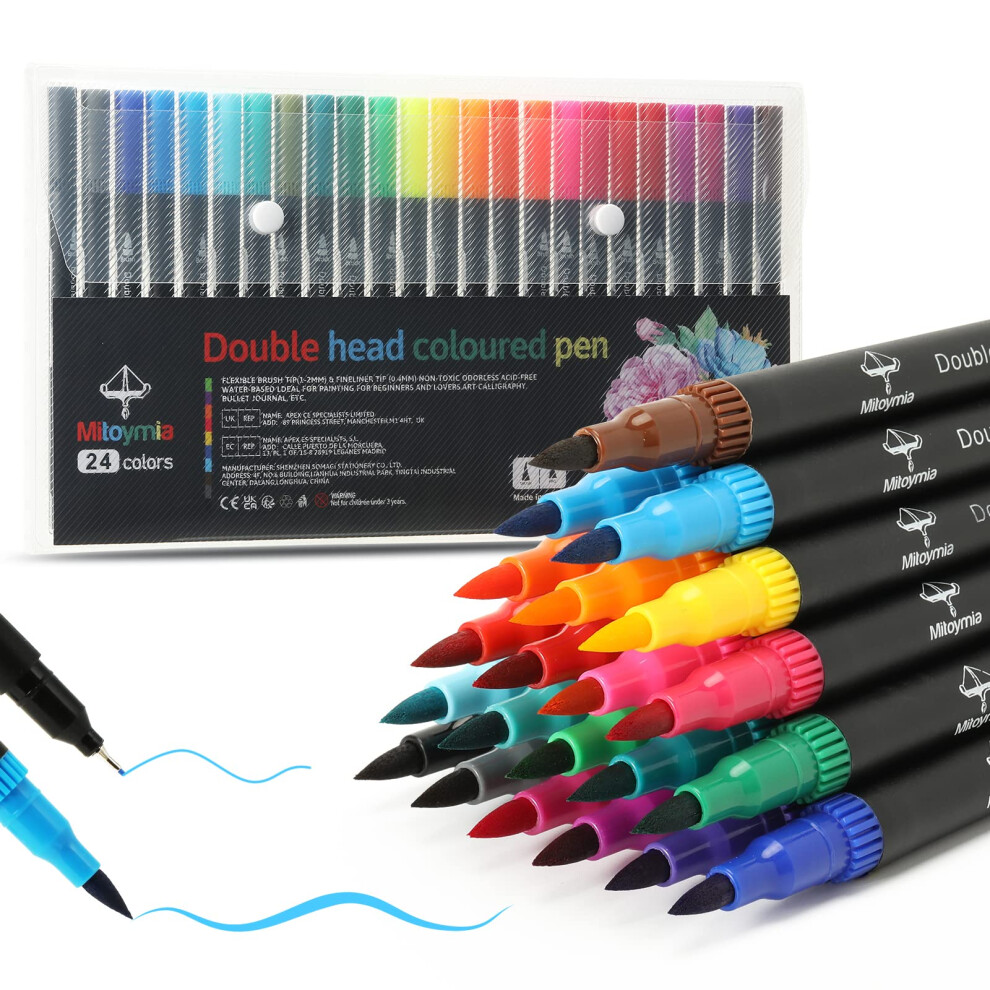 Mitoymia 24 Dual Tip Colouring Brush Pens,Felt Tip For Adults, Coloured Drawing Pens Art Pens Set Markers
