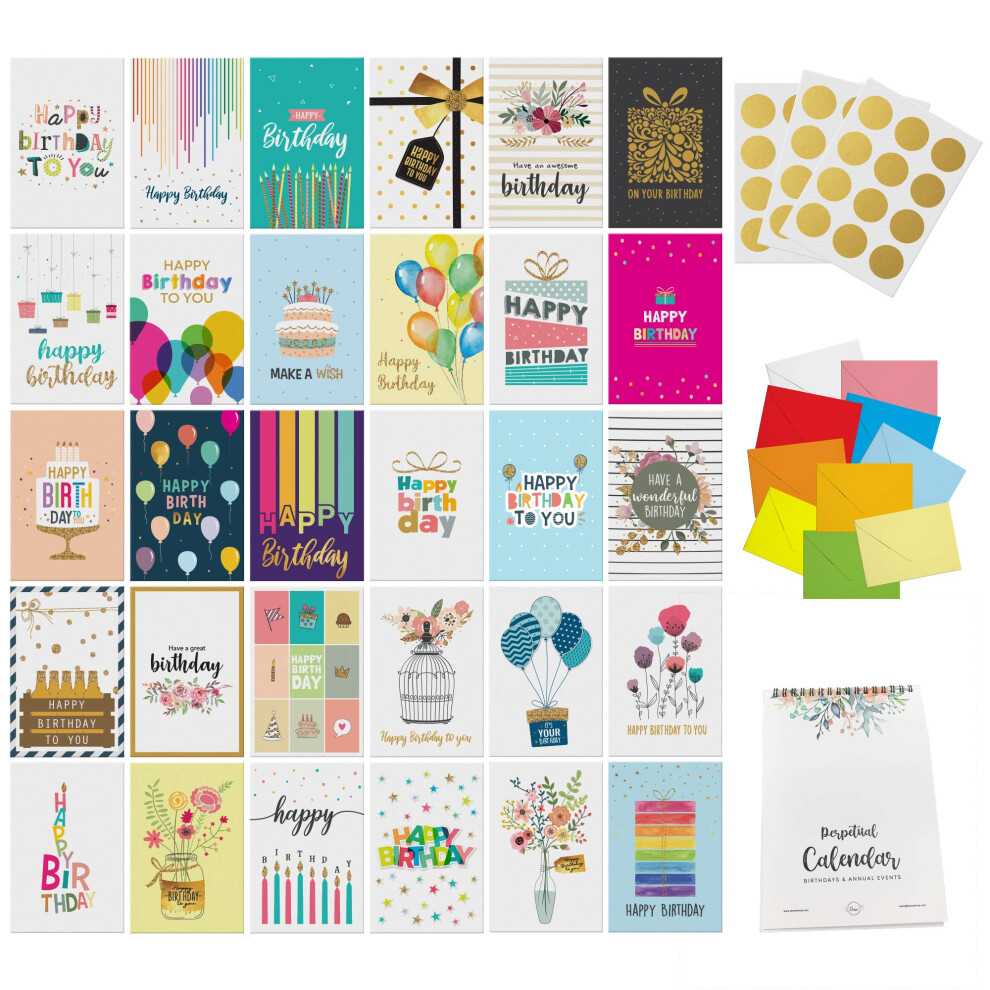 Dessie Gold/White 30 Unique Happy Birthday Cards - 30 Foil Birthday Cards Bulk With Message Inside. 32 And Colored Envelopes, Perpetual Birthday Calendar And