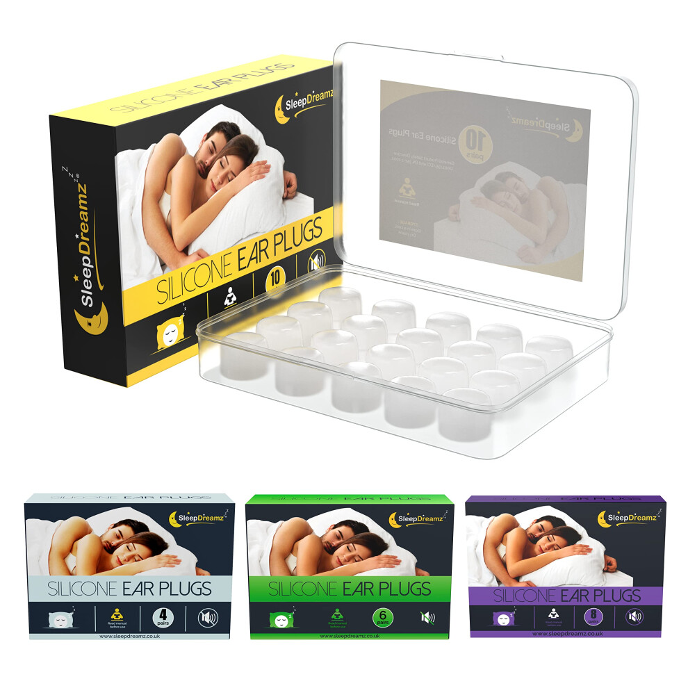 Sleepdreamz Premium Ear Plugs For Sleeping (10 Pairs, White) - Noise-Cancelling Earplugs For Peaceful & Uninterrupted Sleep - Soft & Comfortable Silicone Ear