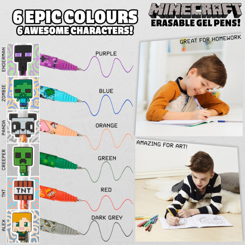 Minecraft Σετ Στυλό Gel Minecraft με Σβήστη, Χρωματιστά Στυλό με Σβήστη 6 Τεμάχια 2