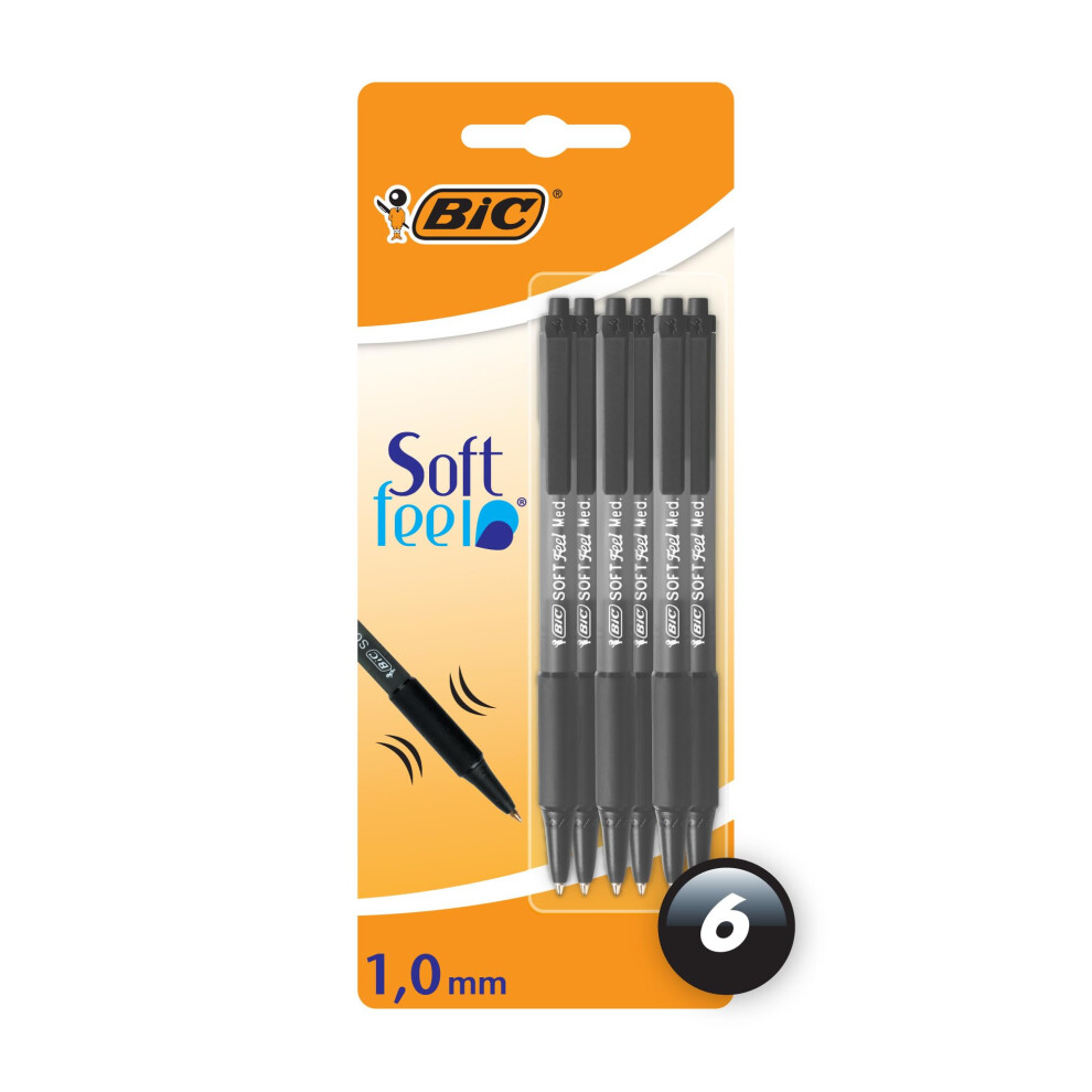 Soft Feel Ballpoint Pens, Retractable Pens, Ideal for School and Office, Medium Point (1.0 mm), Black, Pack of 6