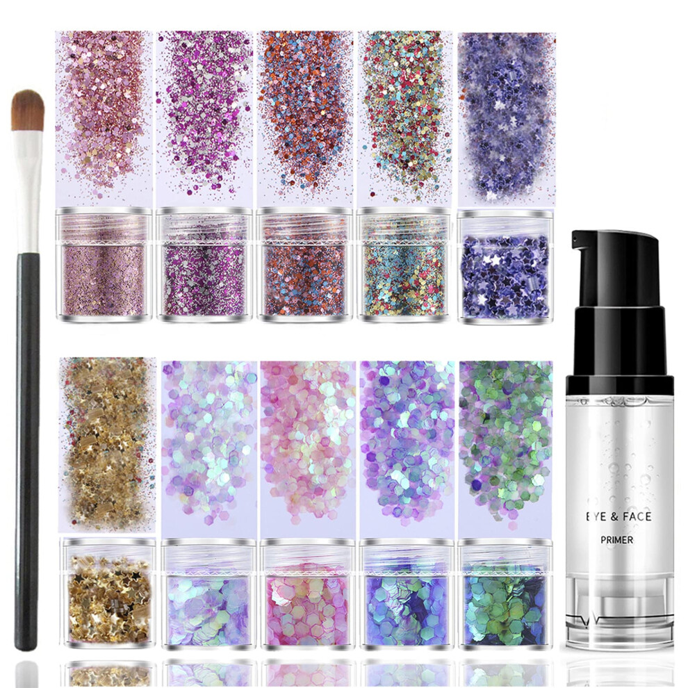 10 Colors Face Glitter Cosmetic Glitter,Chunky Glitter,Face Glitter Festival with Glue for Body,Hair,Nails,Stage,Halloween,Party, Makeup - includes