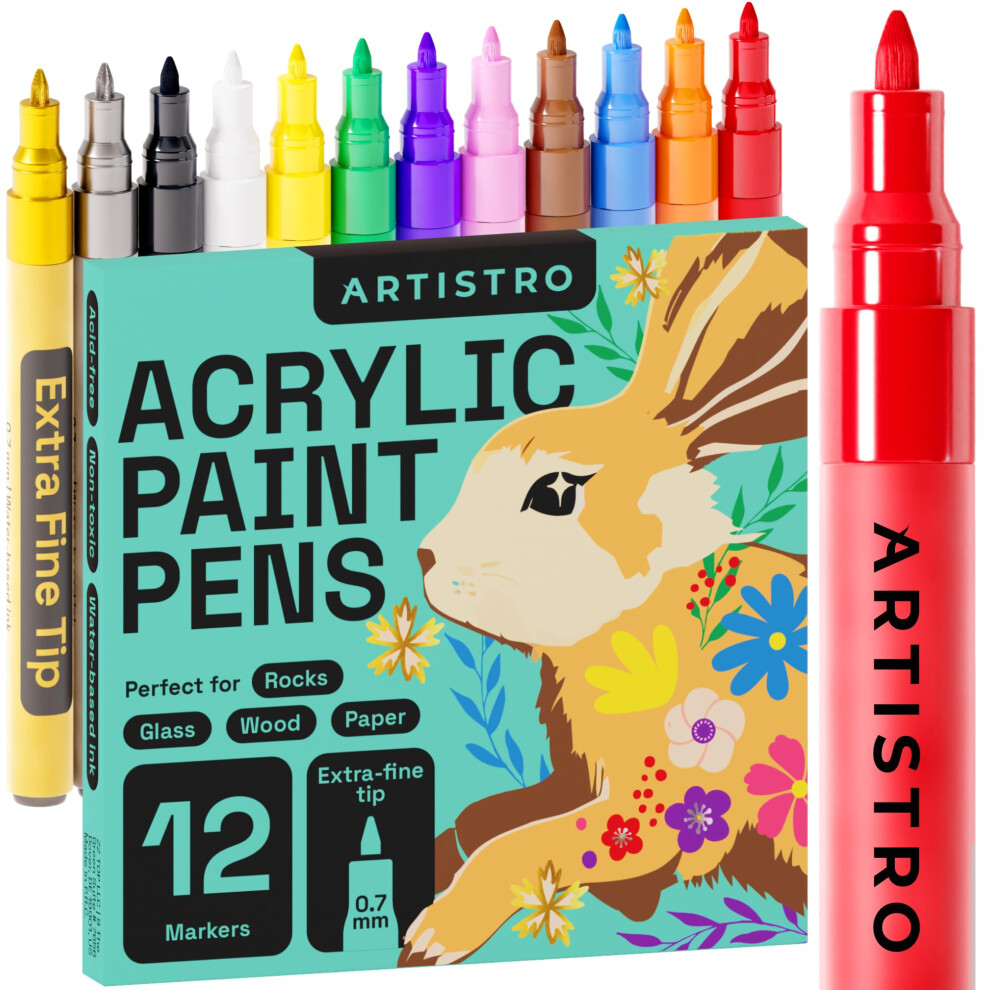 12 Acrylic Paint Pens Art Set for Rock Painting, Stone, Pebbles, Ceramic, Glass, Wood, Paiting Extra-Fine Tip 0.7mm