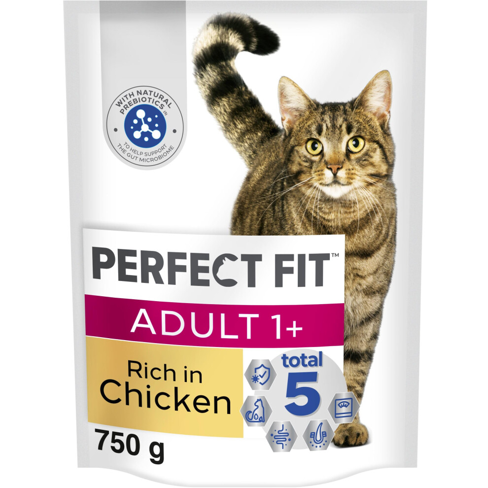 Adult 1+ Complete Dry Cat Food for Adult Cats Aged 1+ Years, Rich in Chicken, 4 Bags (750 g)