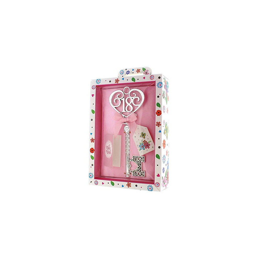 Silver Age 18 Female Keepsake Key & Bright Presentation Box - 18th Birthday Gift