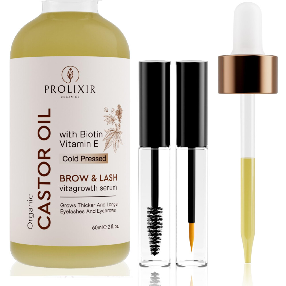 Organic Castor Oil with Biotin & Vitamin E Serum for Eyebrow, Eyelash, Hair, Nails Growth - Prolixir